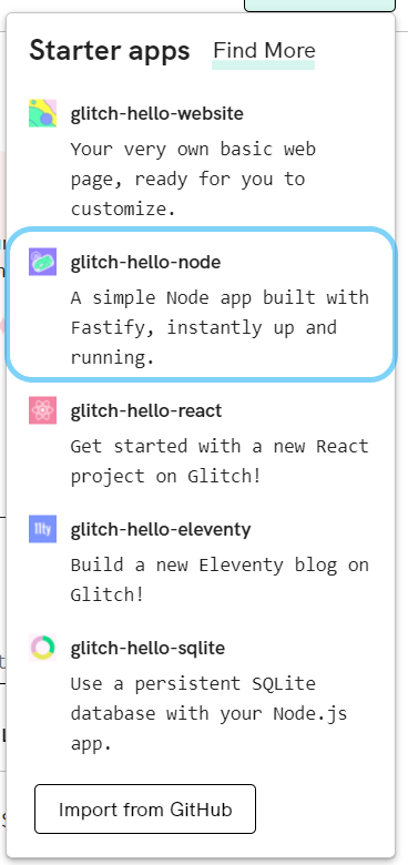 glitch starter apps menu - free node js hosting