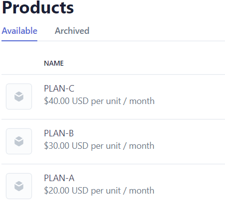 different subscription plans added to stripe products